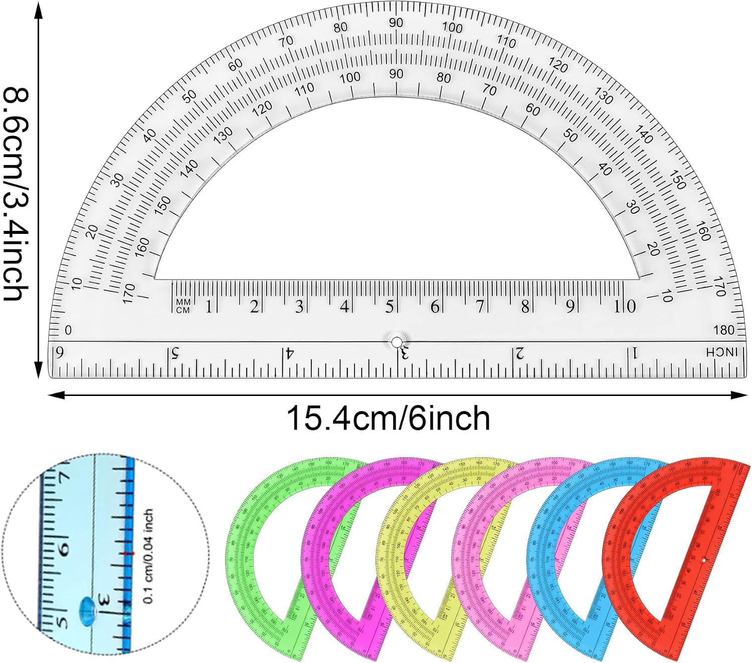 Unjoo Plastic Protractor 6 Inch Math Protractors 180 Degrees, 2 Pack (Pink)