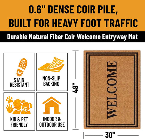 Ottomanson Coco Coir Front Door Mat – Heavy Duty Natural Coir Welcome Mat, Non-Slip Outdoor Entryway Rug, Dirt Scraper Door Mat for Porch & Entrance, Welcome, 30" x 48"