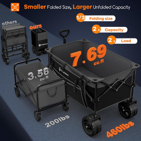 Originsure 220L Foldable Beach Wagon Cart with Big Wheels,460lbs,Grey&Black