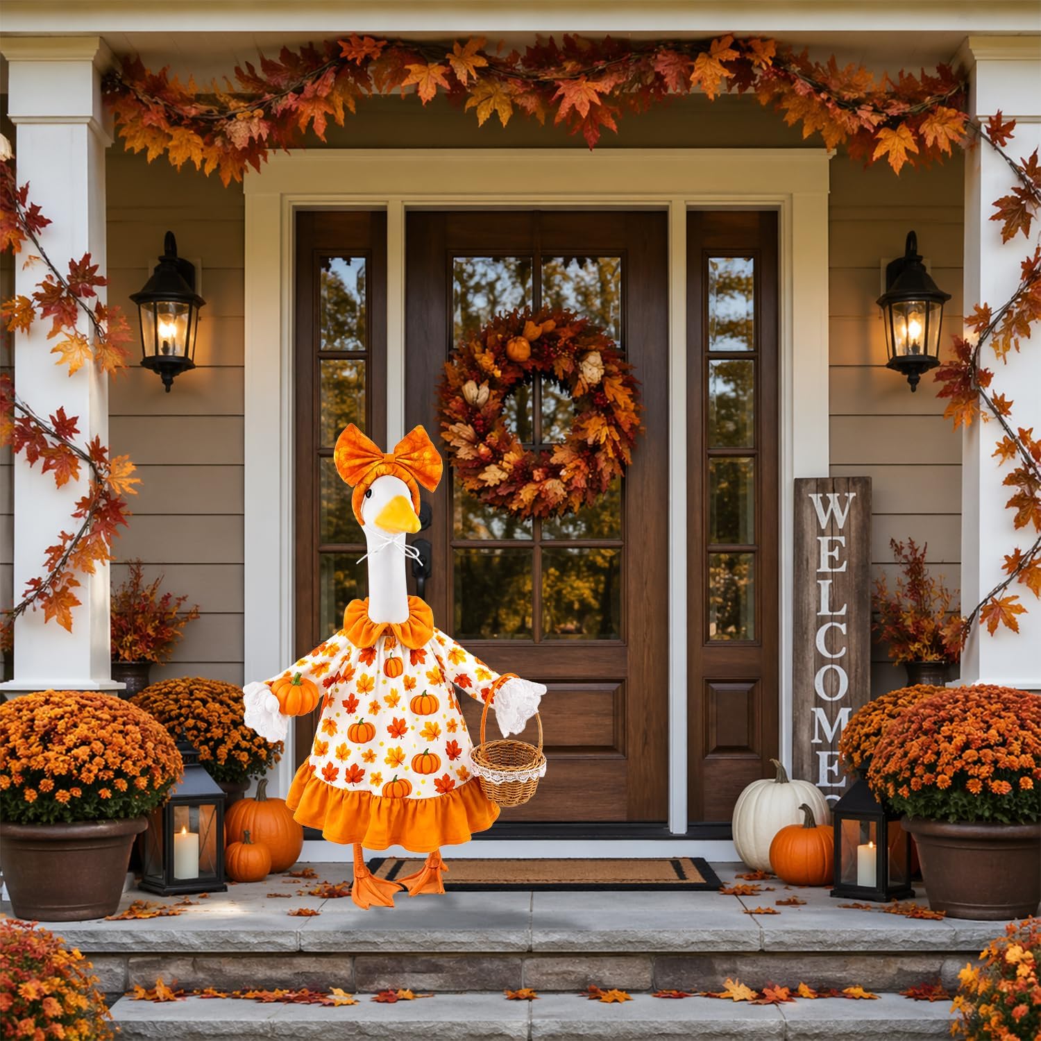 Fall Porch Goose Outfit Pumpkin Dress Goose Costume for Outdoor Lawn Decor