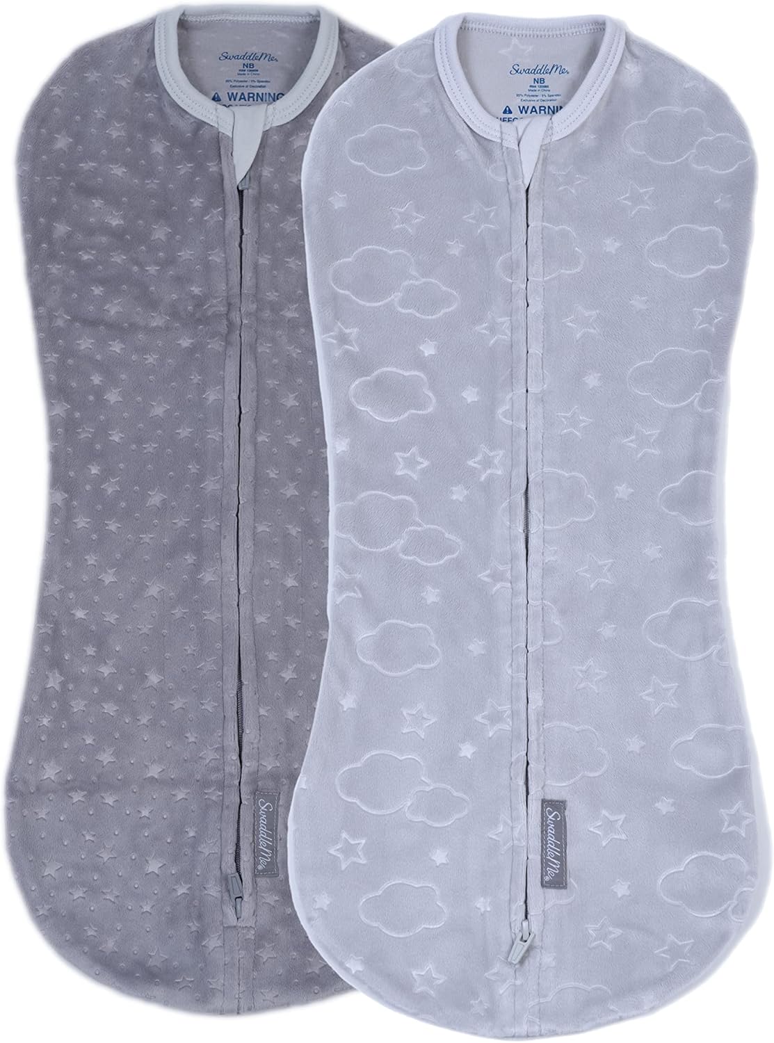 SwaddleMe by Ingenuity Compression Baby Swaddle Pod in Velboa, Two-Way Zipper for Easy Diaper Changes, Improves Sleep & Calms Startle Reflex, 0-2 Months, 1.0 TOG, 2-Pack - Clouds & Stars