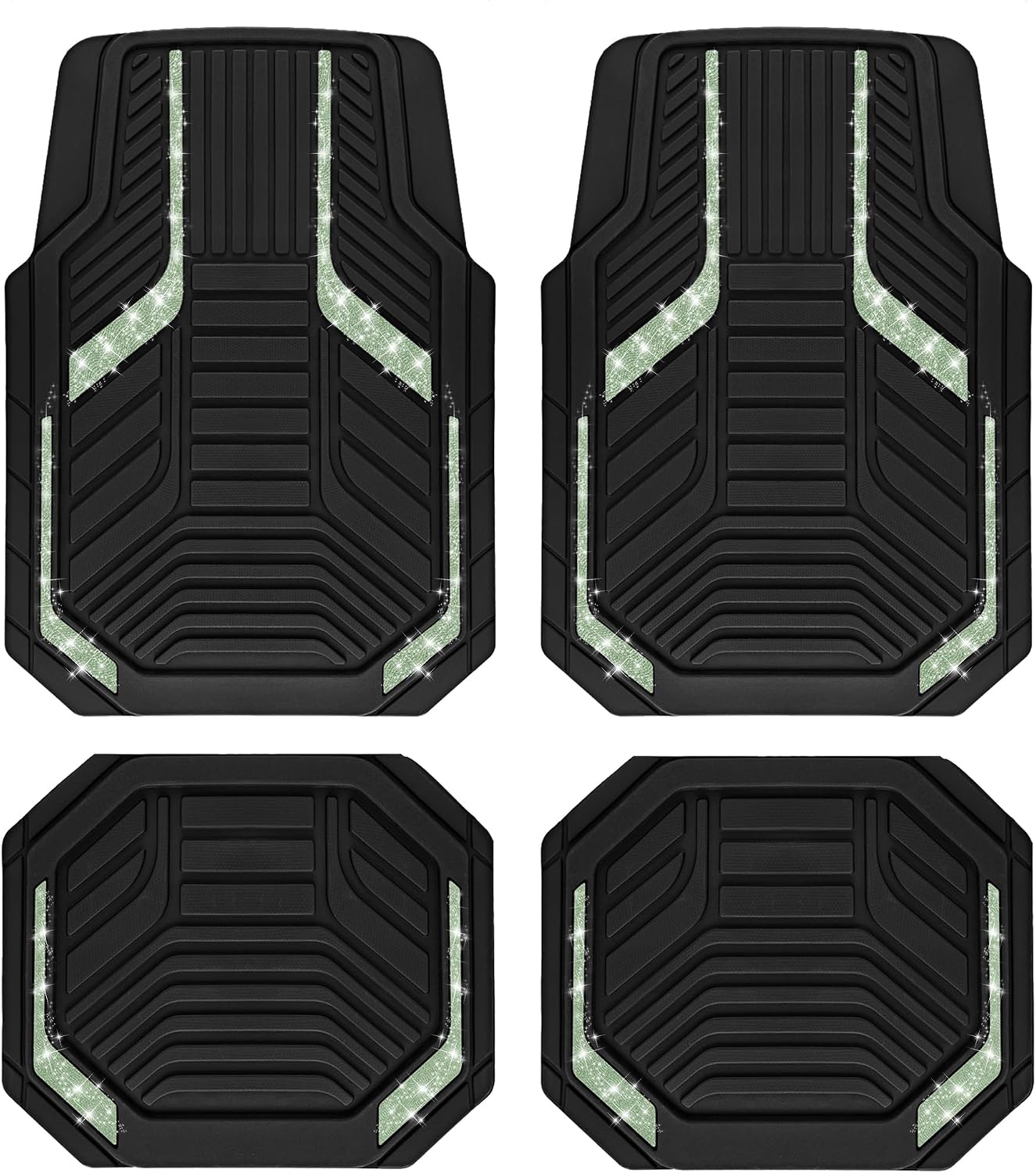 PIC AUTO Car Floor Mats, Green Sparkly Crystal Bling Glitter Car Mats Set, Front and Rear Heavy Duty Rubber Car Mats with Anti-Slip Backing, All Weather, Trim-to-Fit for Automotive SUVs, Sedan, Vans