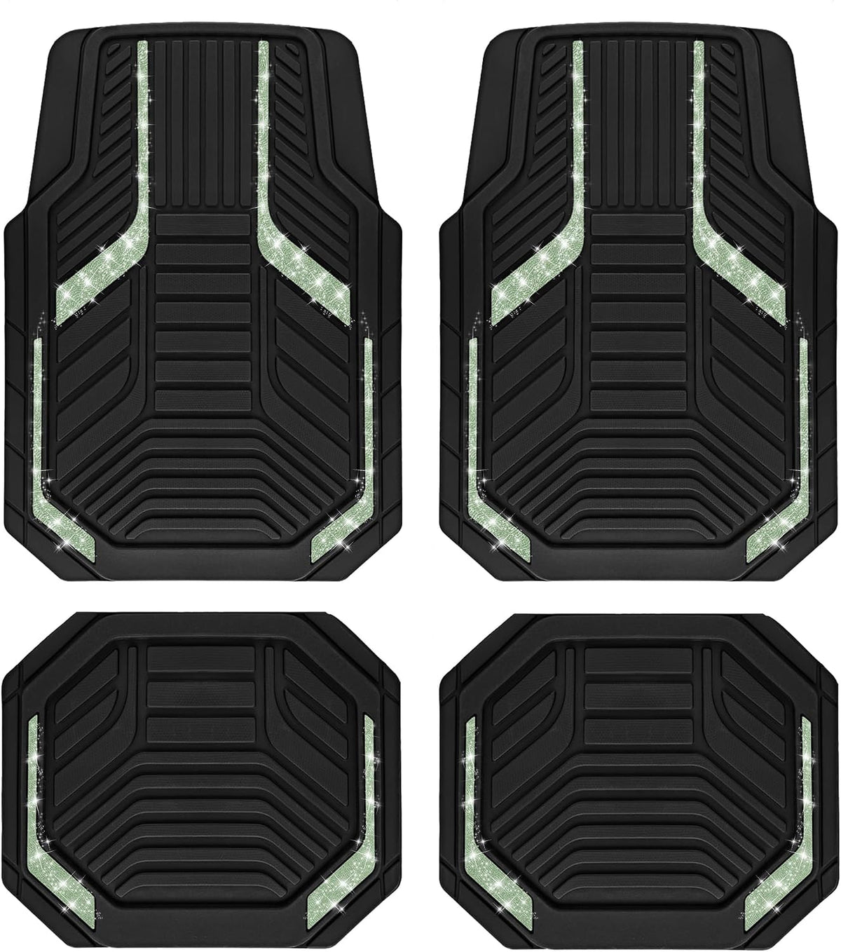 PIC AUTO Car Floor Mats, Green Sparkly Crystal Bling Glitter Car Mats Set, Front and Rear Heavy Duty Rubber Car Mats with Anti-Slip Backing, All Weather, Trim-to-Fit for Automotive SUVs, Sedan, Vans