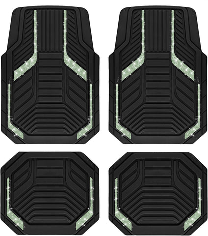 PIC AUTO Car Floor Mats, Green Sparkly Crystal Bling Glitter Car Mats Set, Front and Rear Heavy Duty Rubber Car Mats with Anti-Slip Backing, All Weather, Trim-to-Fit for Automotive SUVs, Sedan, Vans