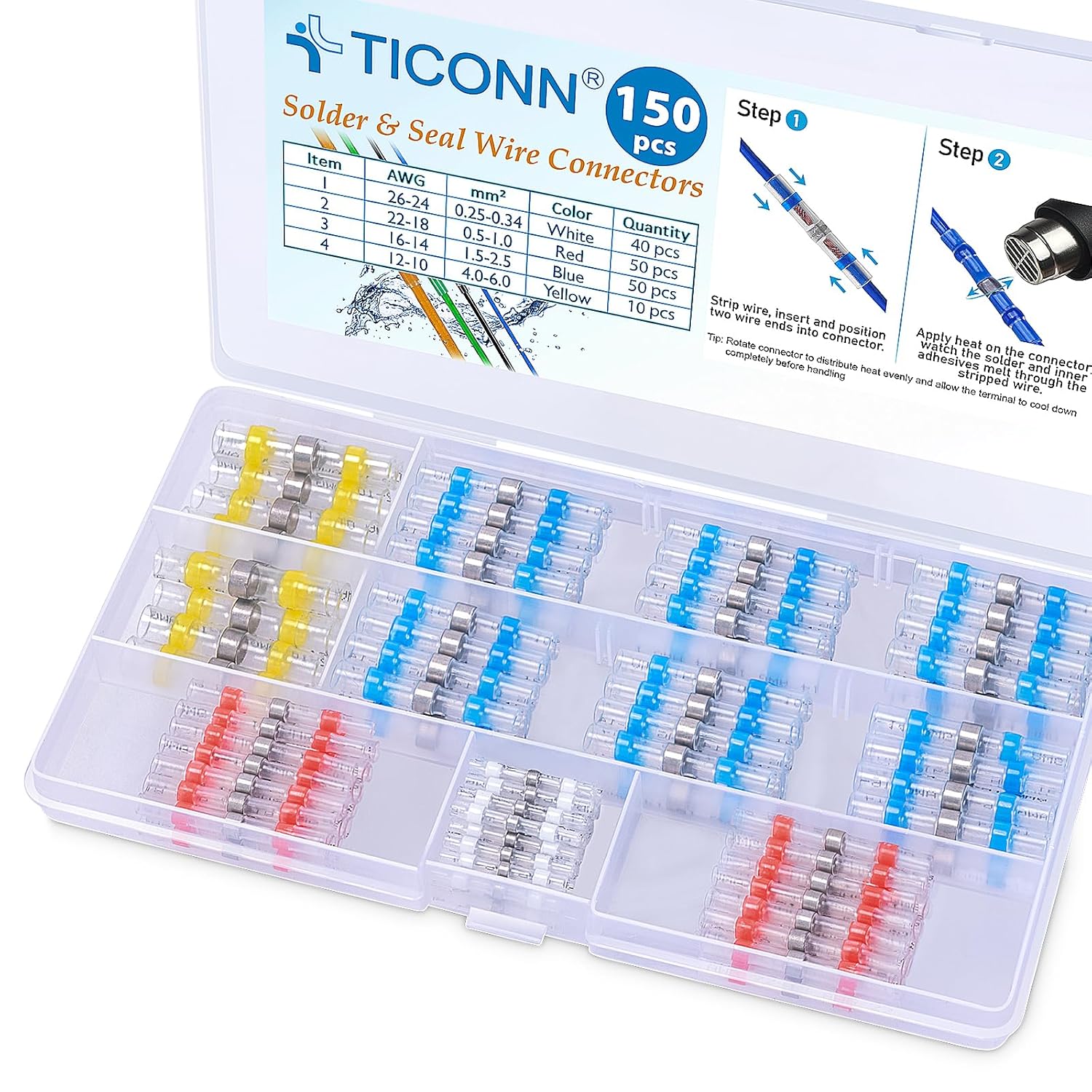 TICONN 150 Pcs Solder Seal Wire Connectors, Heat Shrink Butt Splice