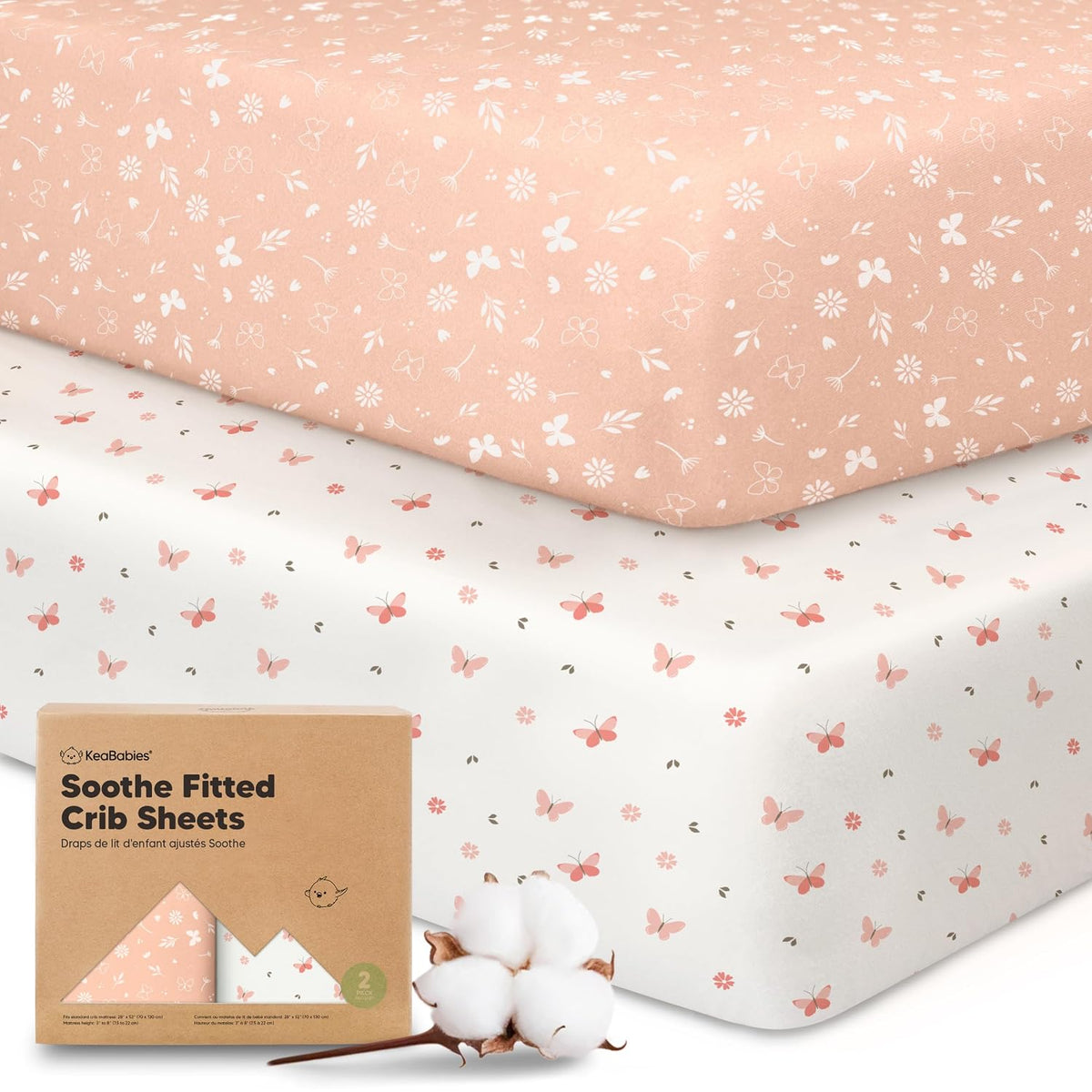 KeaBabies 2pk Organic Cotton Crib Sheets for Boys Girls 52x28, Butterflies