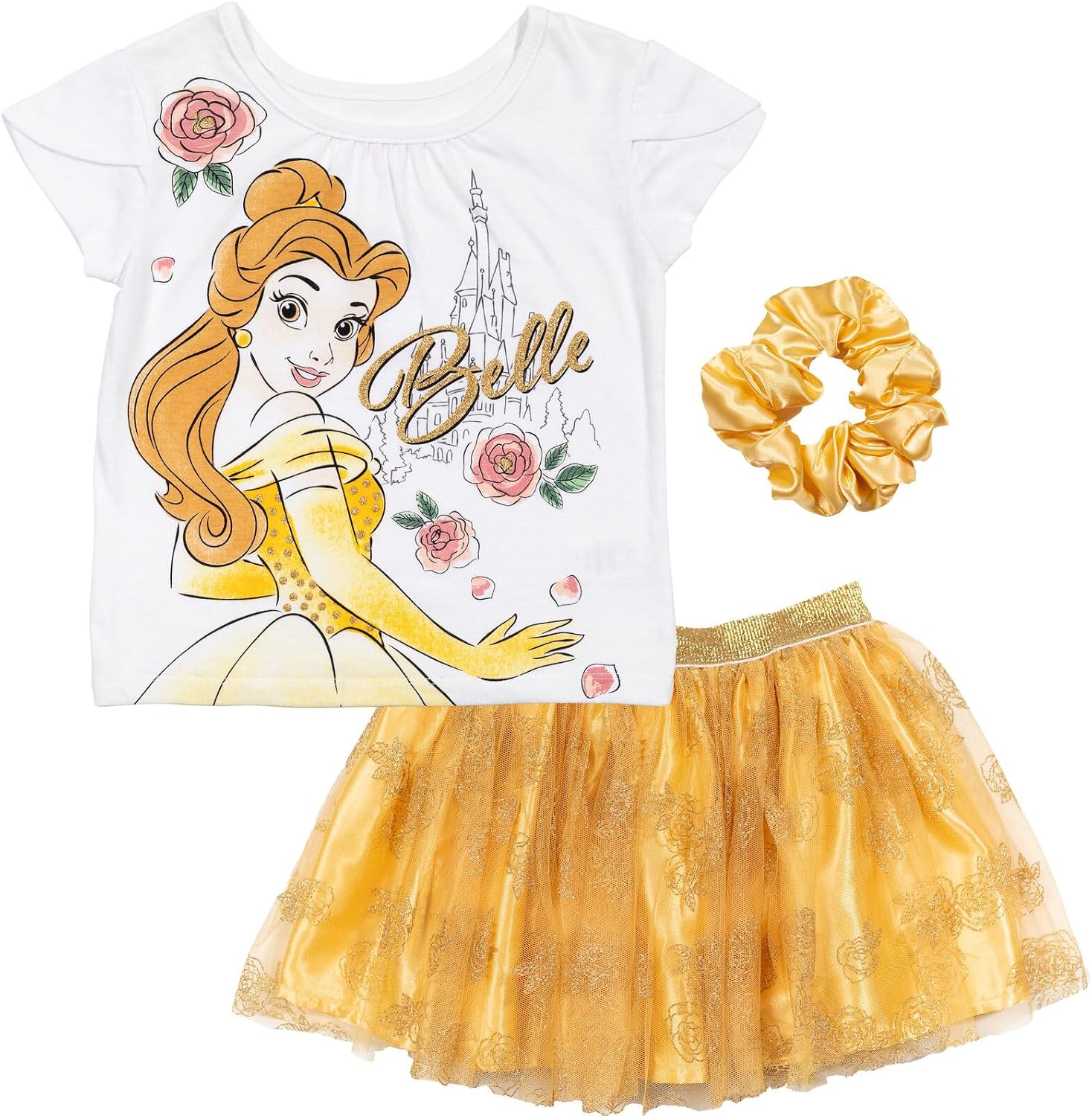 Disney Princess Girls' T-Shirt and Tutu Skirt Set with Scrunchie Toddler to Big Kid