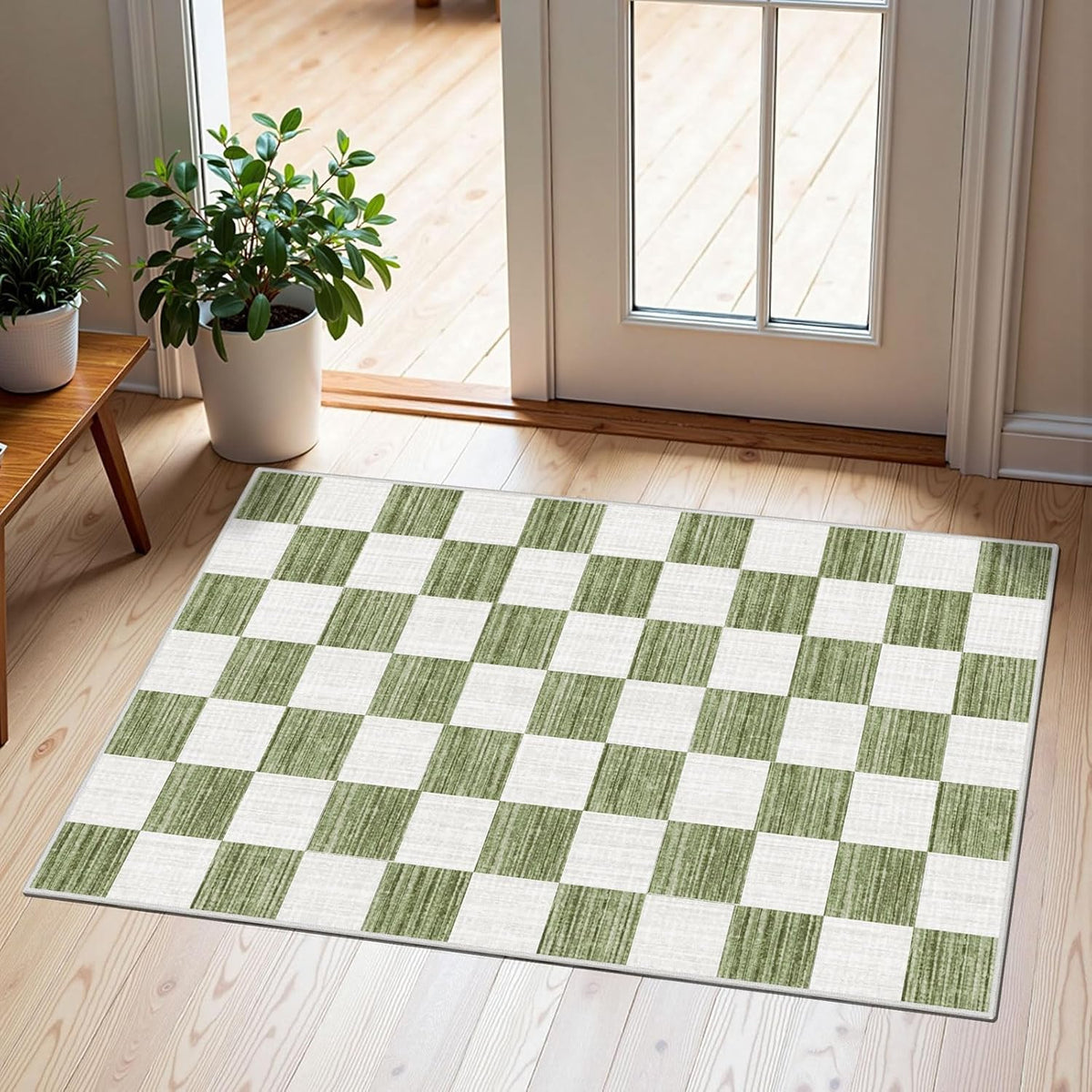 Front Door Mat Outside Entrance 2x3 Green White Checkered Rug