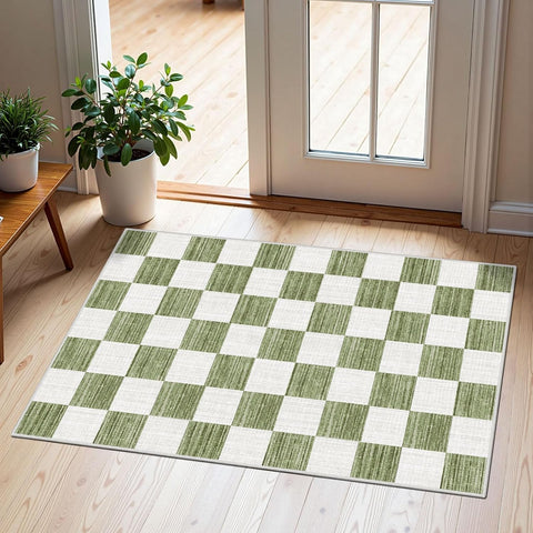 Front Door Mat Outside Entrance 2x3 Green White Checkered Rug