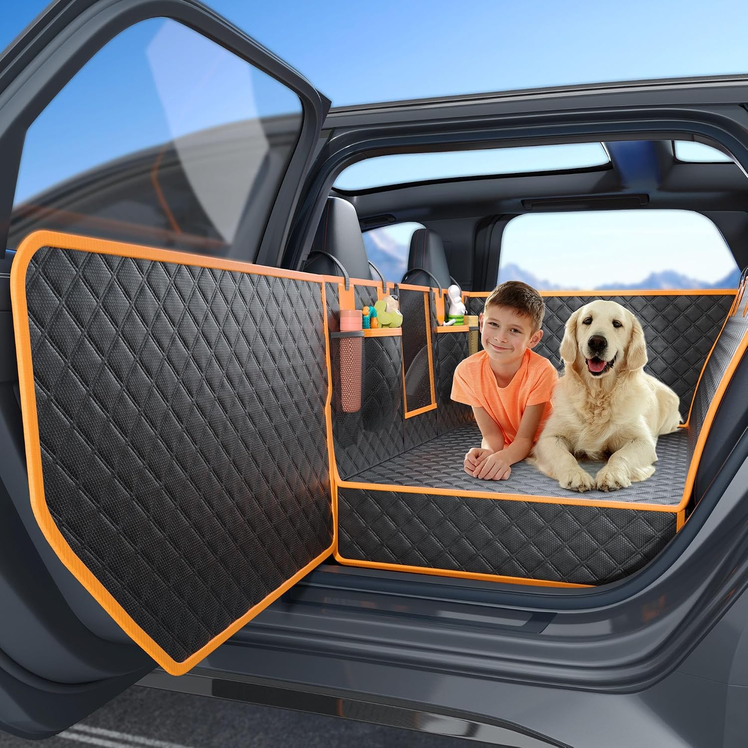 Twesync Dog Seat Cover for Back Seat, Hard Bottom Back Seat Extender, 100% Waterproof & Machine Washable, 600D Heavy Duty, Supports 400lbs for Travel & Camping, Dog Back Seat Pet Cover for Cars