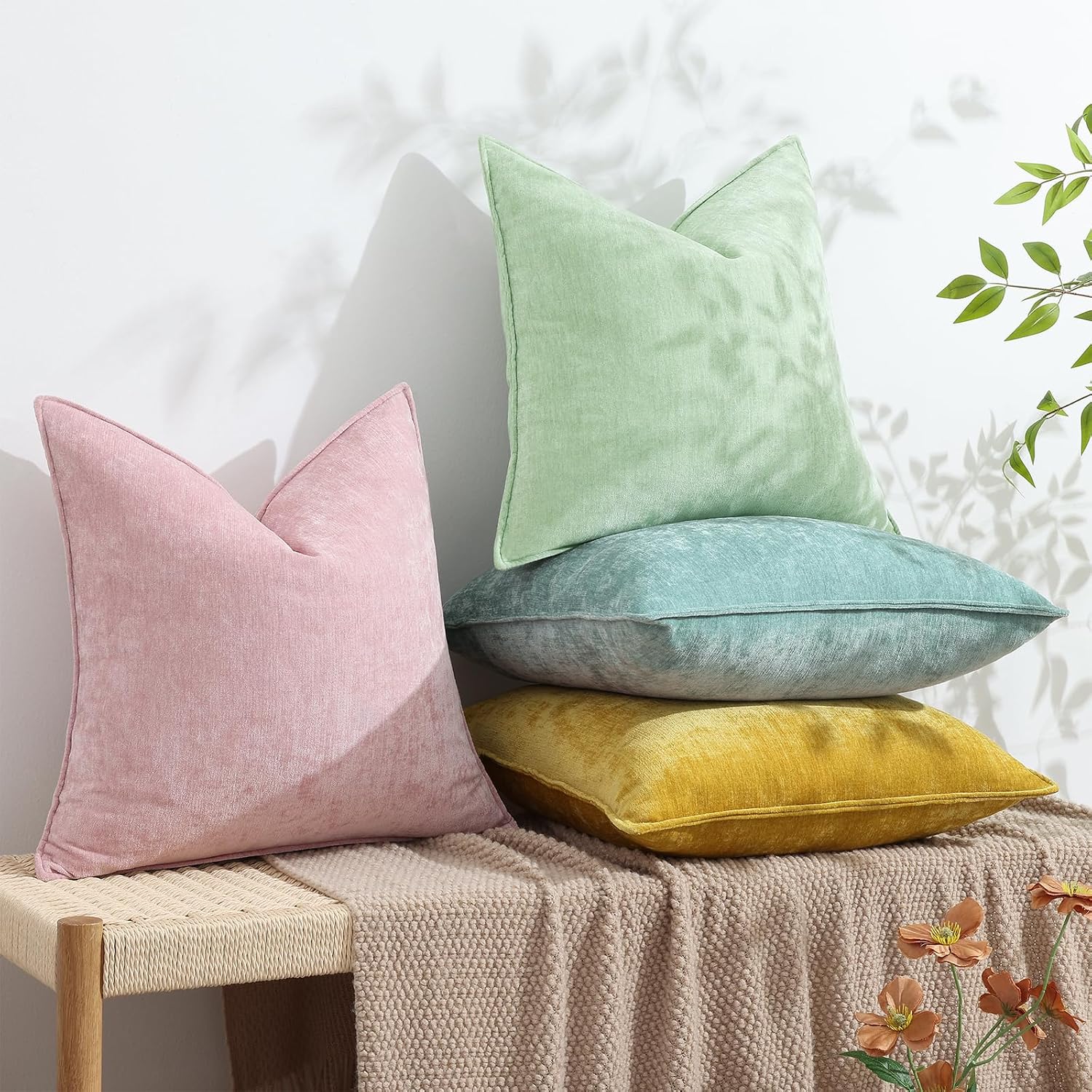 decorUhome Chenille Aqua Haze Velvet Throw Pillow Covers 18x18 Set of 2
