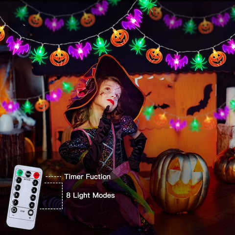 2 Pack Halloween Lights Outdoor Indoor Decorations Total 40FT 60 LED Pumpkin Bat Spider Halloween String Lights Battery Operated, 8 Modes Waterproof Cute Fairy Lights for Home Office Outside Decor