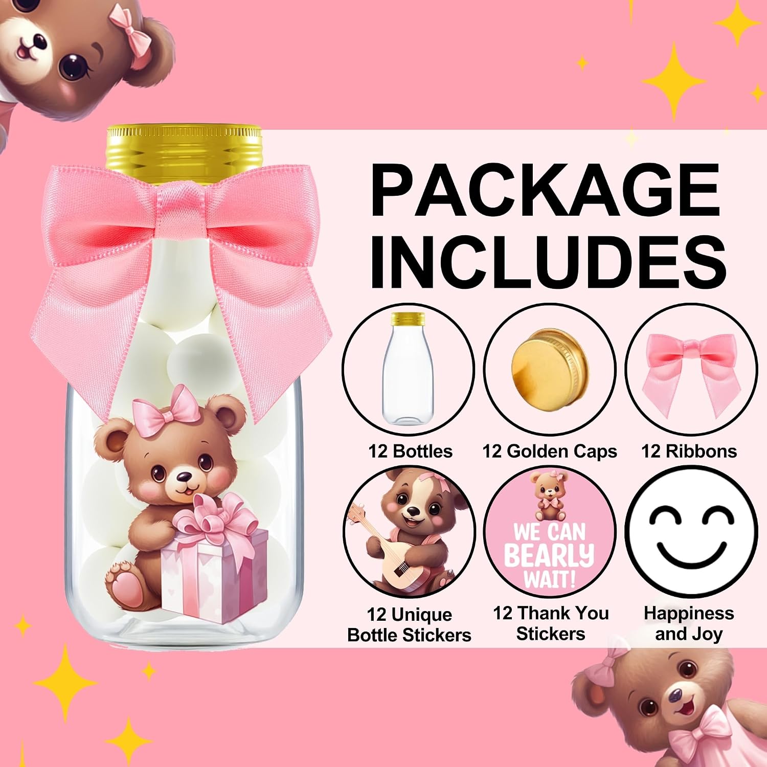 Ethisa Small 12 Pack We Can Bearly Wait Party Favors for Girl - Candy Jars with Ribbon and Stickers - DIY Party Decoration Bottles for Baby Shower and Gender Reveal - Pink Teddy Bear Table Centerpiece