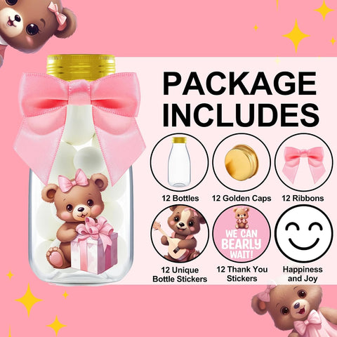 Ethisa Small 12 Pack We Can Bearly Wait Party Favors for Girl - Candy Jars with Ribbon and Stickers - DIY Party Decoration Bottles for Baby Shower and Gender Reveal - Pink Teddy Bear Table Centerpiece