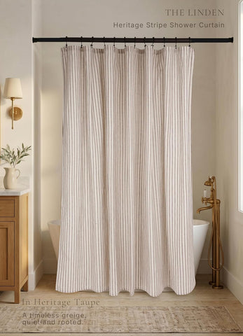 Farmhouse Striped Shower Curtain - 72x72 Inches, Linen Blend Fabric, Breathable & Machine Washable, Rustic Taupe for Bathroom Decor (Hooks/Liner Not Included)