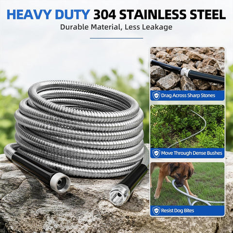SPECILITE 125ft 304 Stainless Steel Metal Garden Hose with Blue Nozzle