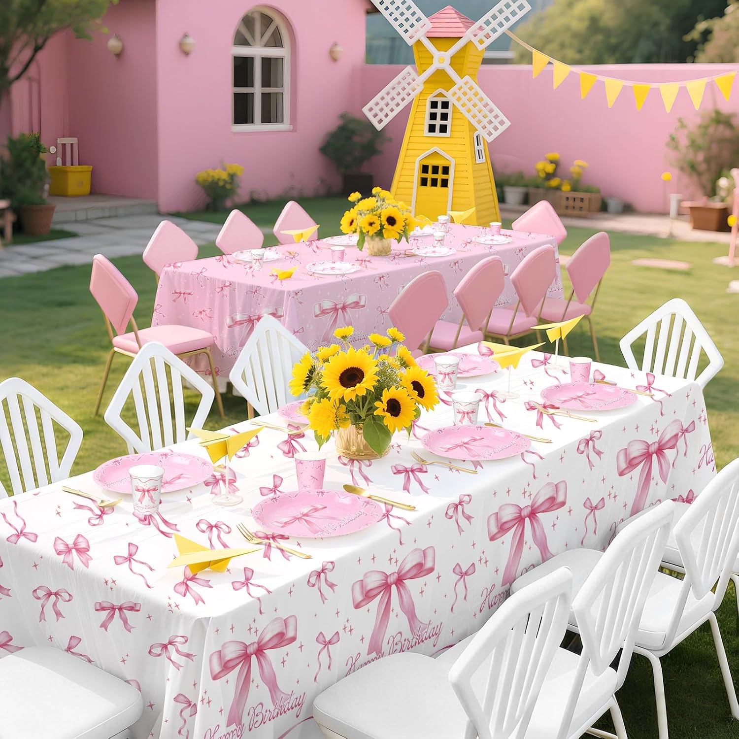 Gatherfun Pink Bow-Themed Party Supplies Set for Women: Happy Birthday & Bachelorette Decorations Combo - Includes 2 Disposable Tablecloths (54 x 108 inch) for Birthday & Tea Party Decorations