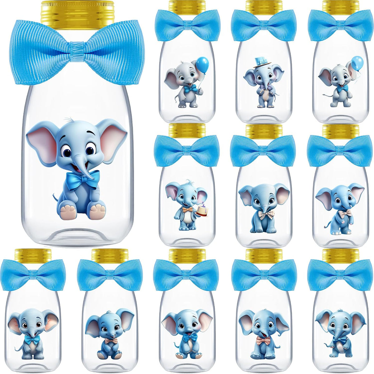 Ethisa Small 12 Pack Blue Elephant Party Favors - Candy Jars with Ribbons and Stickers - DIY Party Decoration Bottles for Baby Shower, Birthday, Gender Reveal, and Classroom - Boy Table Centerpiece