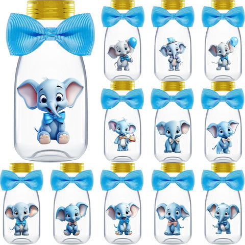 Ethisa Small 12 Pack Blue Elephant Party Favors - Candy Jars with Ribbons and Stickers - DIY Party Decoration Bottles for Baby Shower, Birthday, Gender Reveal, and Classroom - Boy Table Centerpiece