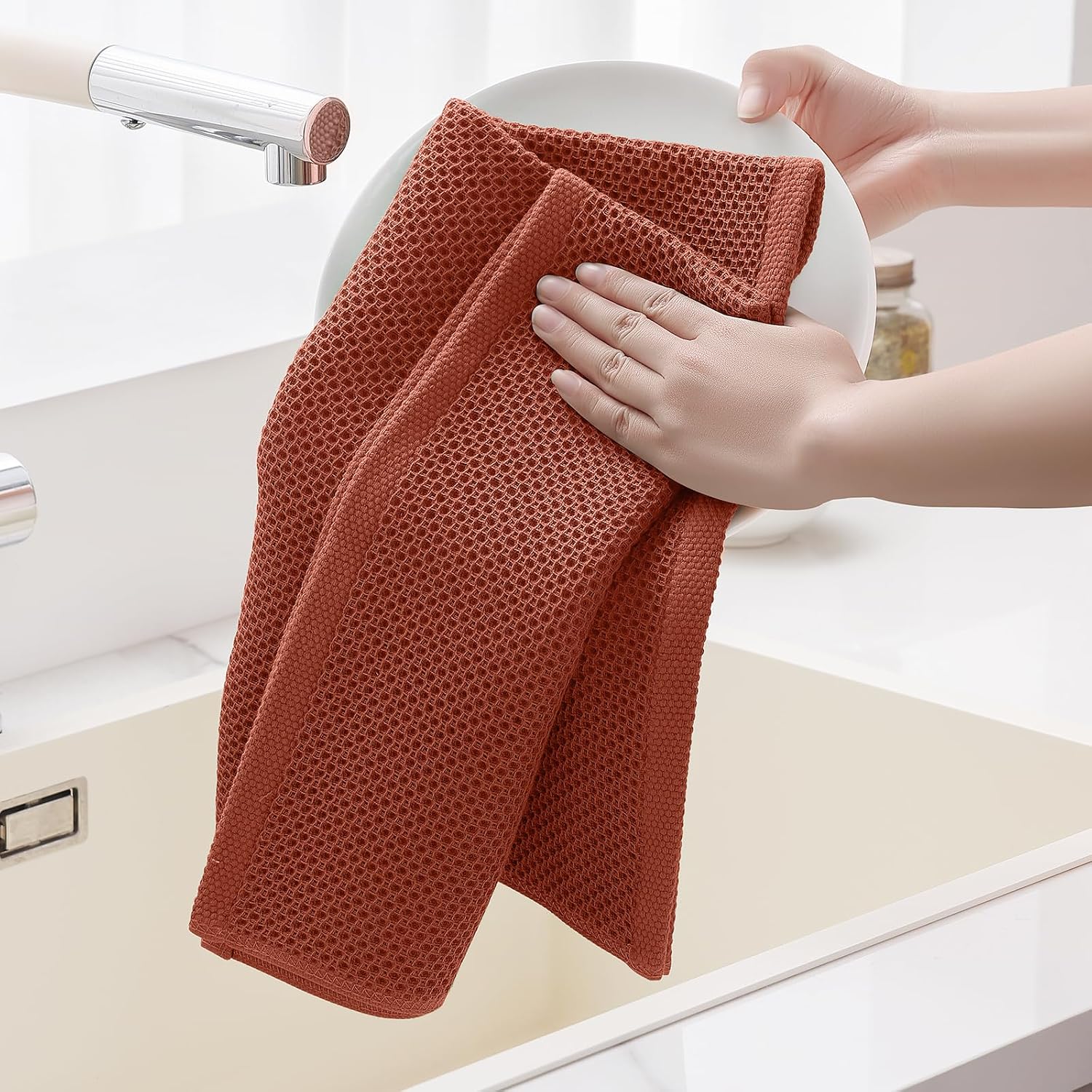 Homaxy 100% Cotton Oversized Waffle Weave Kitchen Towels 6-Pack, Rust