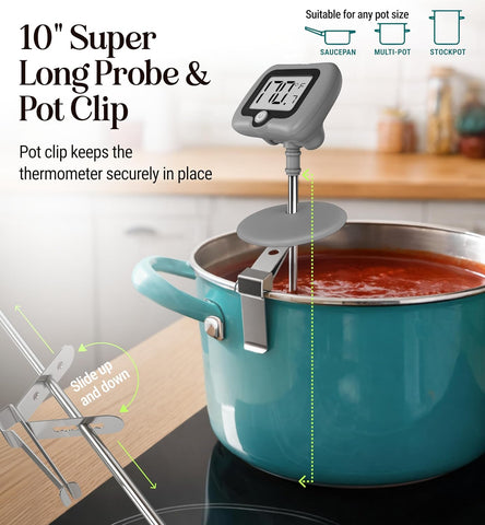 Digital Candy Thermometer with Pot Clip, 10" Long Stainless Steel Probe, Instant Read Kitchen Thermometer for Cooking, Baking, and Candy Making (Gray)
