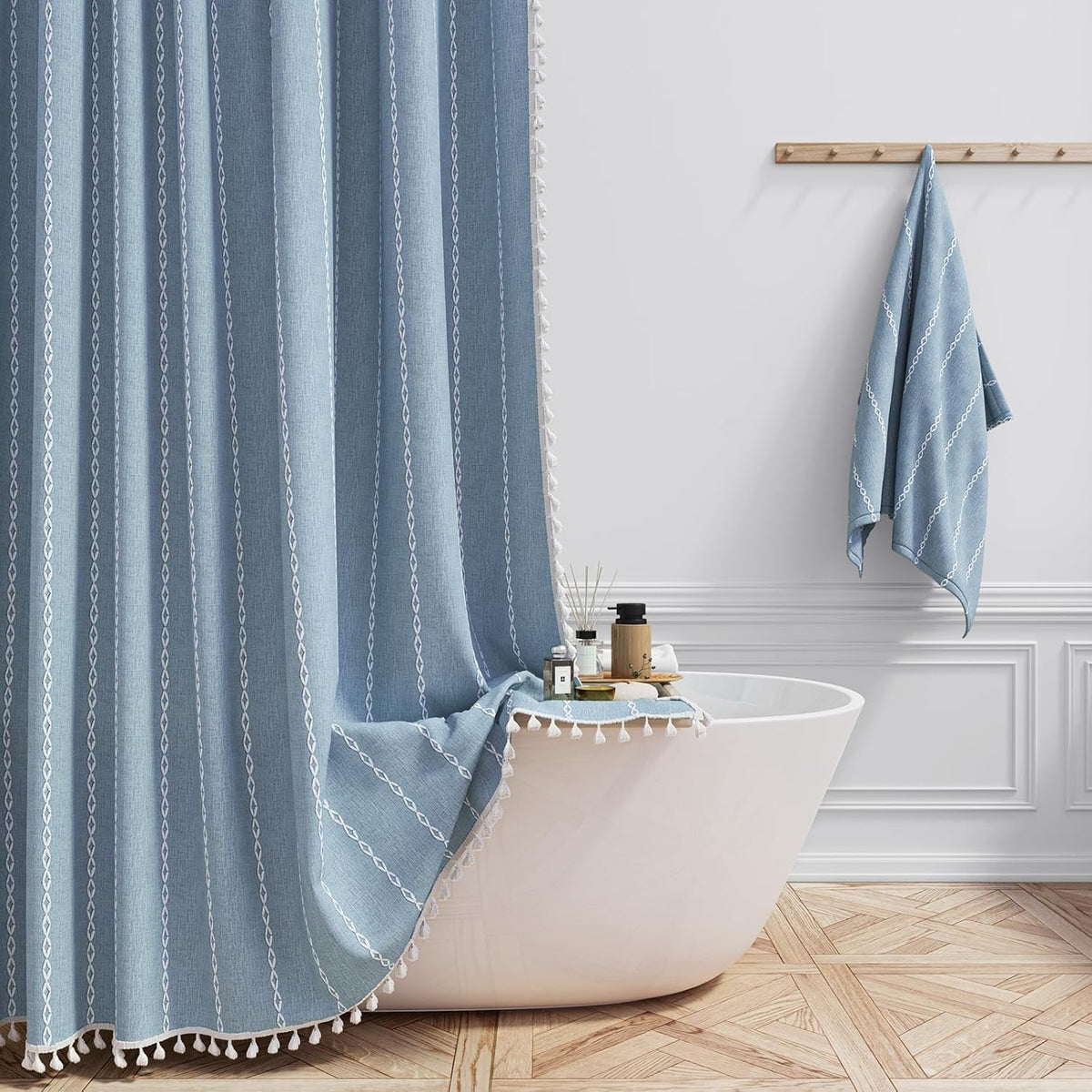 BTTN 72 x 80 Boho Farmhouse Linen Heavy Duty Cloth Shower Curtain Set, Blue