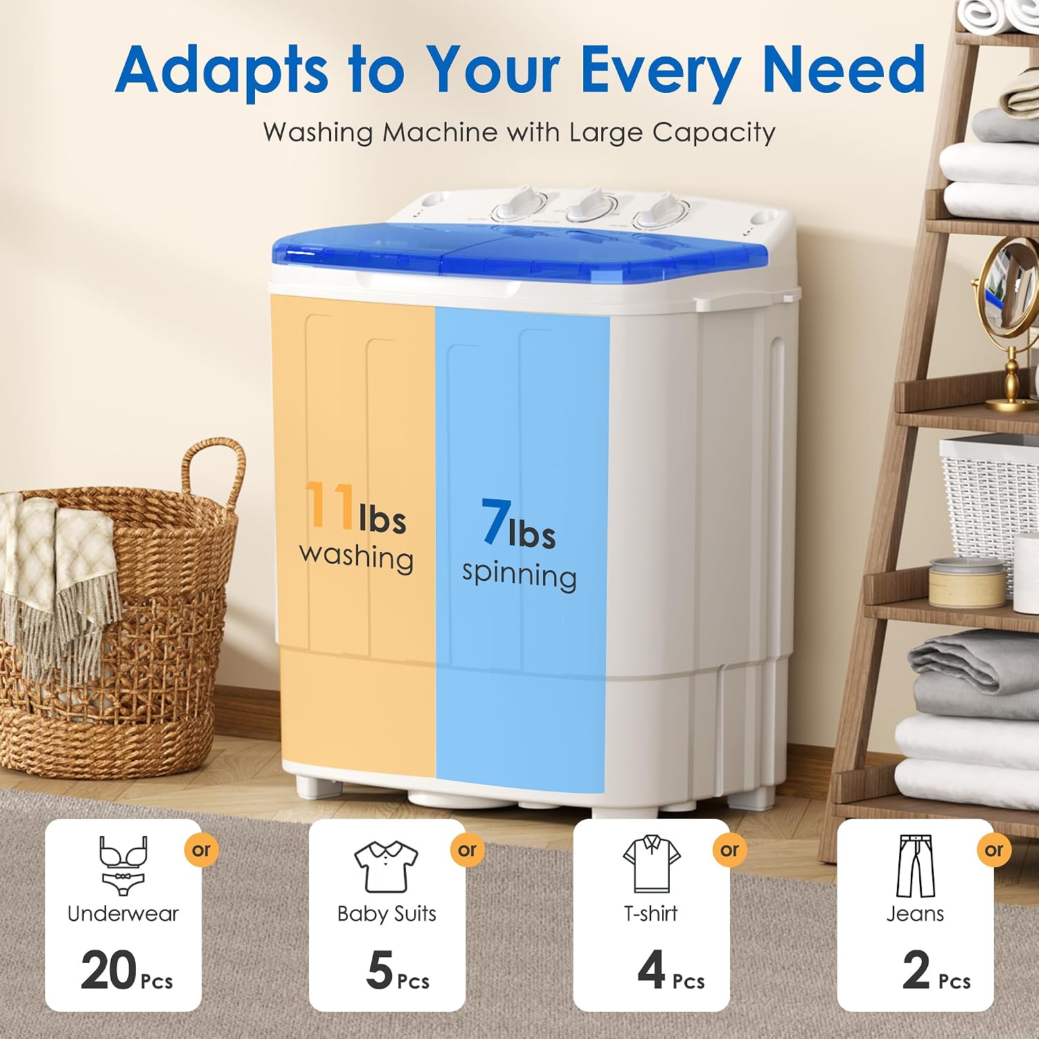 INTERGREAT Portable Washing Machine, 25.4lbs Twin Tub Portable Washer with Spin Cycle and Dryer, Semi-automatic Washer Machine Combo for Dorms, Apartments, Blue