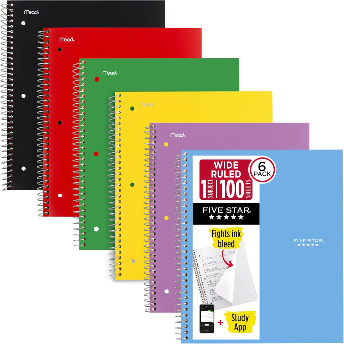 Five Star Spiral Notebook + Study App, 6 Pack, 1 Subject, Wide Ruled 8" x 10.5" Paper, 100 Sheets, Fights Ink Bleed, Water Resistant Cover, Assorted Colors (38042)