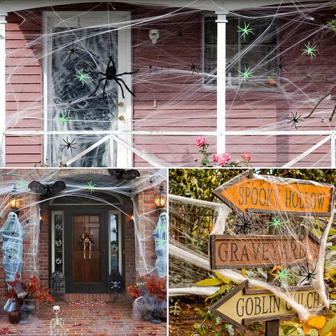 1200 Sqft Halloween Spider Web Decorations, with 50 Glow and 50 Black Fake Spiders, Halloween Decorations Outdoor Large Stretch Spider Web Cobwebs Indoor (1200 sqft Web+100 Spider)