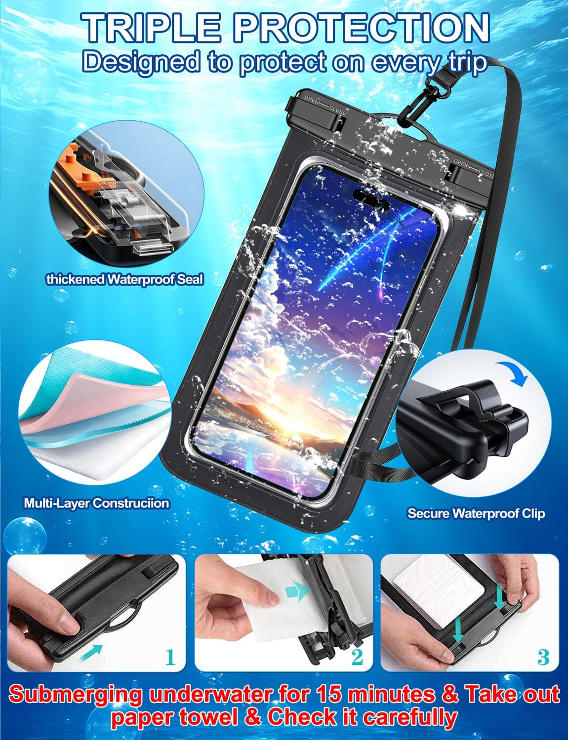 Waterproof Phone Pouch,2 Pack Black White Phone Waterproof Case,Cell Phone Dry Bag,Protection Level: IP68,Beach Cruise for Apple iPhone,Samsung,and More,Lanyard Included,(Fits Up to 8.3”),Black,White