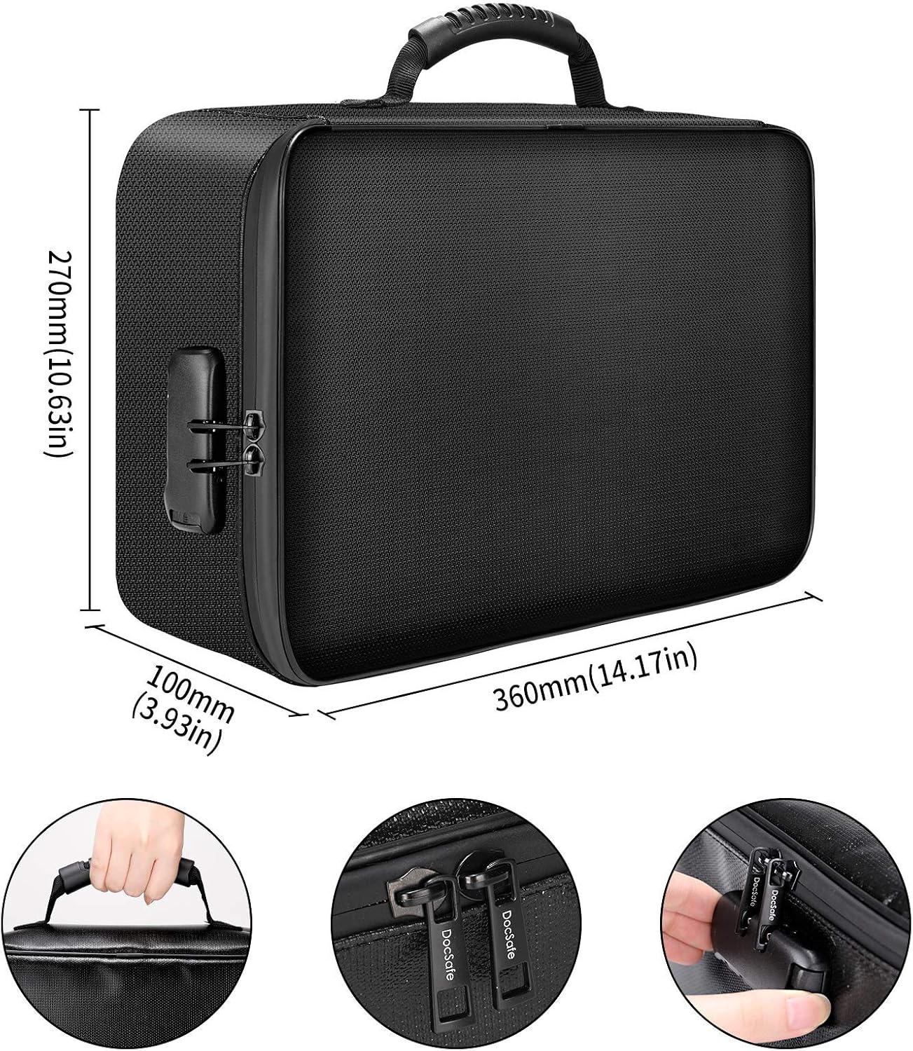 DocSafe Document Bag with Lock, Fireproof 3-Layer File Storage Box, Black