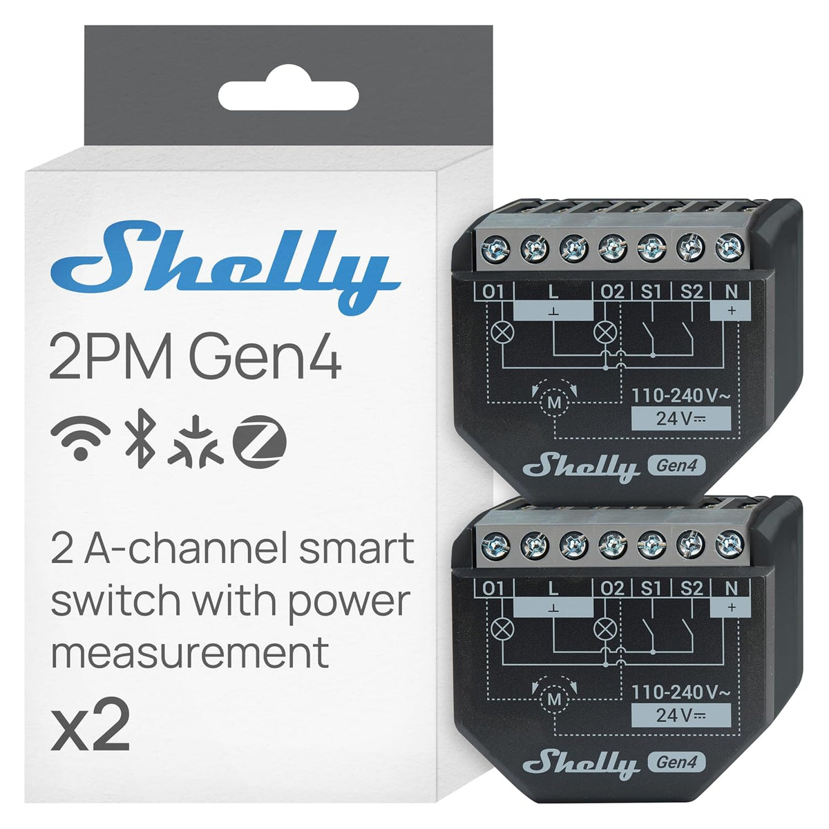 Shelly 2PM Gen4 Smart Relay Switch, WiFi Matter & Zigbee, 2-Channel, 2 Pack