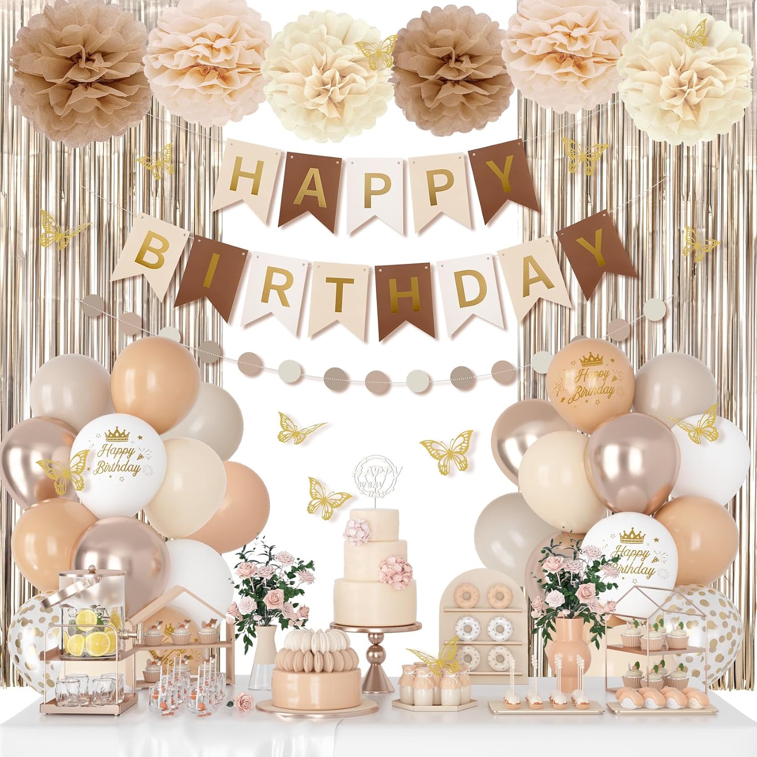Neutral Birthday Decorations for Women Girls with Butterfly Stickers