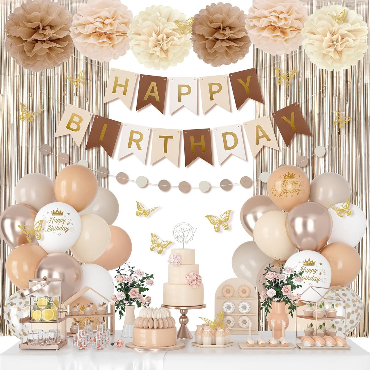 Neutral Birthday Decorations for Women Girls with Butterfly Stickers