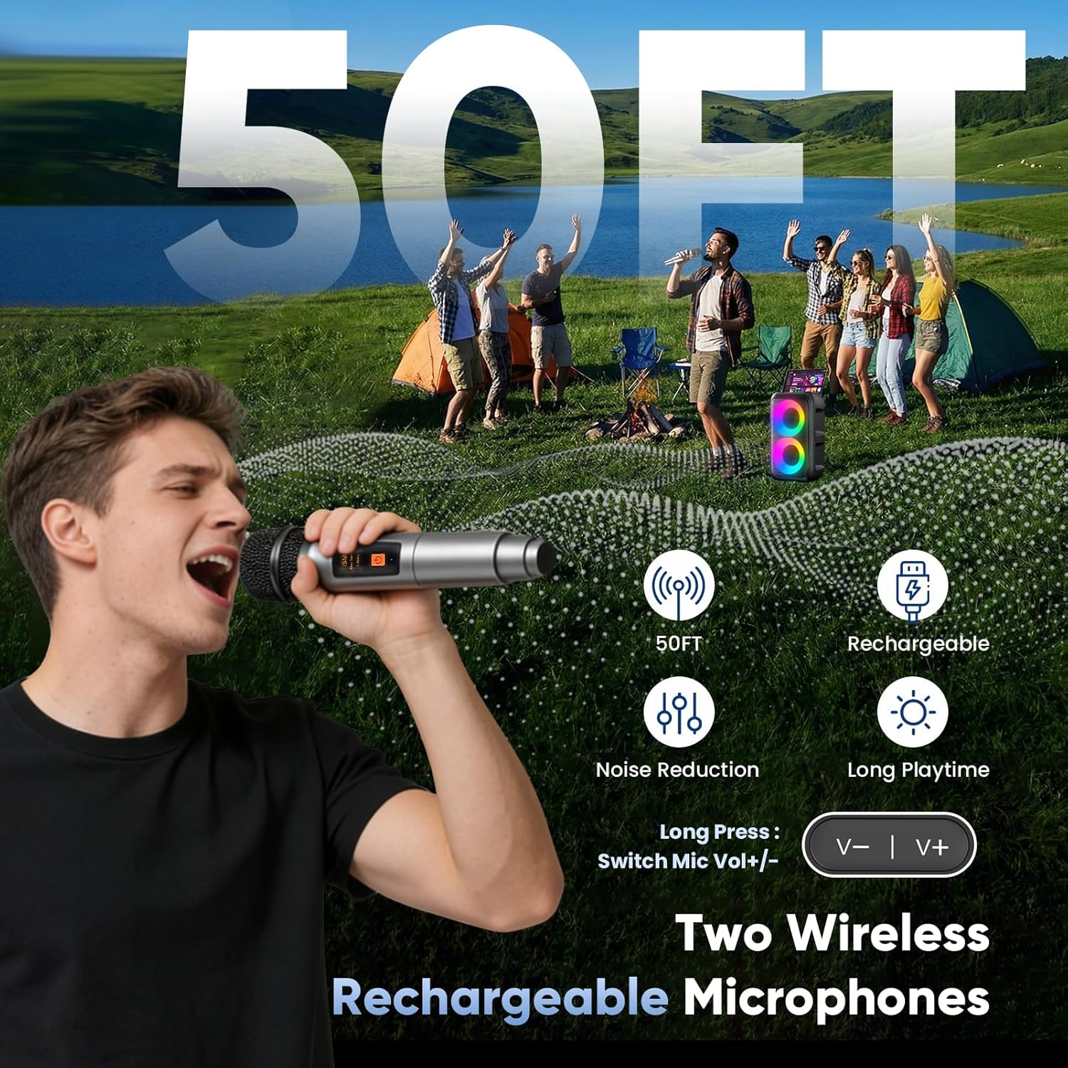 Karaoke Machine, Bluetooth Speaker with 2 Wireless Microphones Adults Kids