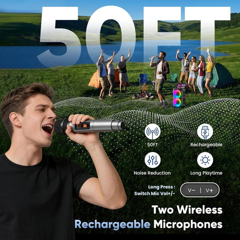 Karaoke Machine, Bluetooth Speaker with 2 Wireless Microphones Adults Kids
