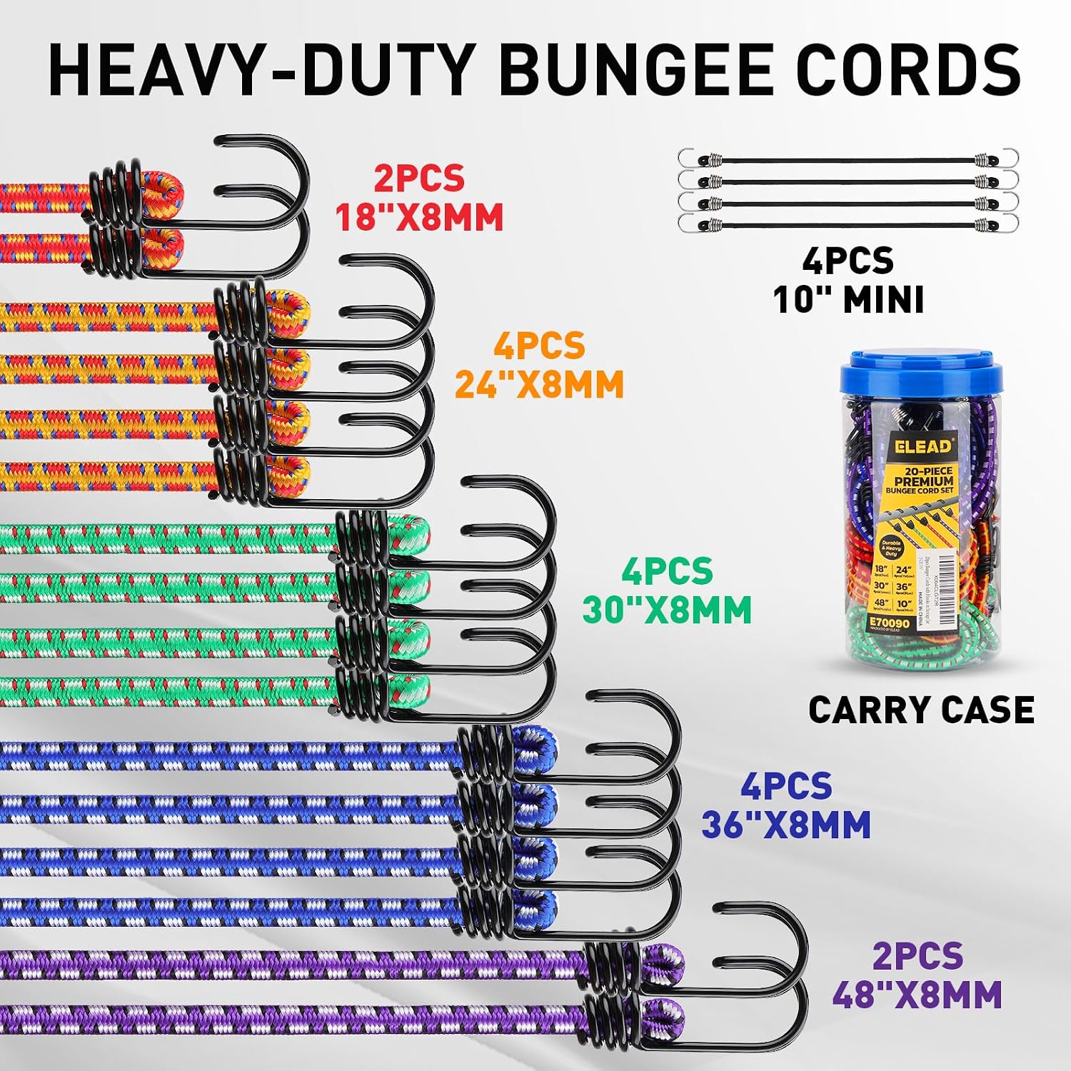 Bungee Cords Heavy Duty Outdoor: 20 Pcs Premium Rubber Bungee Cords with Hooks in a Storage Jar Includes 10", 18", 24", 30", 36", 48" Bungee Cord for Camping, Tent, Fastening Items