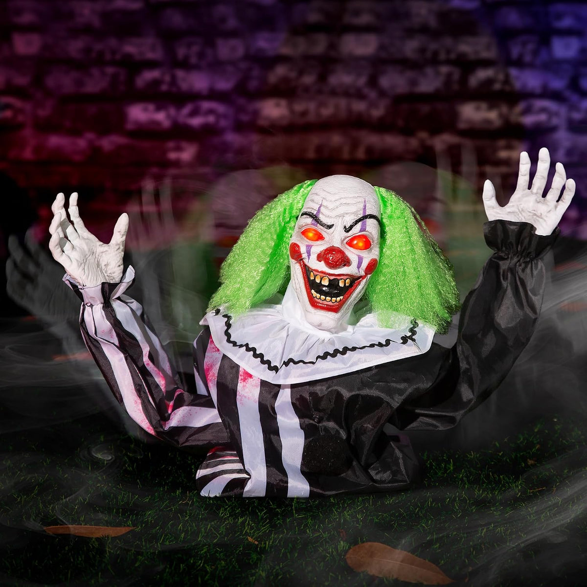 Halloween Animatronics Clown Decorations Outdoor, Animated Groundbreaker Clown Scary Talking Clowns with Sound & Motion Activated, Lighted Eyes, Creepy Sound, Movable Arms for Graveyard Haunted House