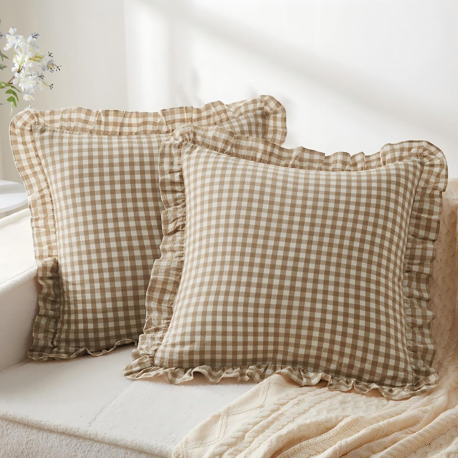 KKJIAF 2 Pcs Ruffle Gingham Pillow Covers 18" x 18", Taupe/White Plaid