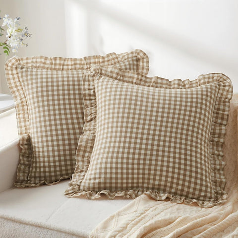 KKJIAF 2 Pcs Ruffle Gingham Pillow Covers 18" x 18", Taupe/White Plaid