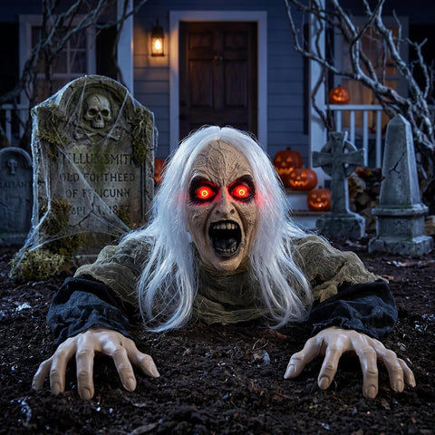 Hourleey Halloween Decorations Outdoor, Sound Activated Climbing Zombie Groundbreaker with Lighted Eyes and Scary Sound, Animated Halloween Decor for Yard Lawn Graveyard Haunted House Prop
