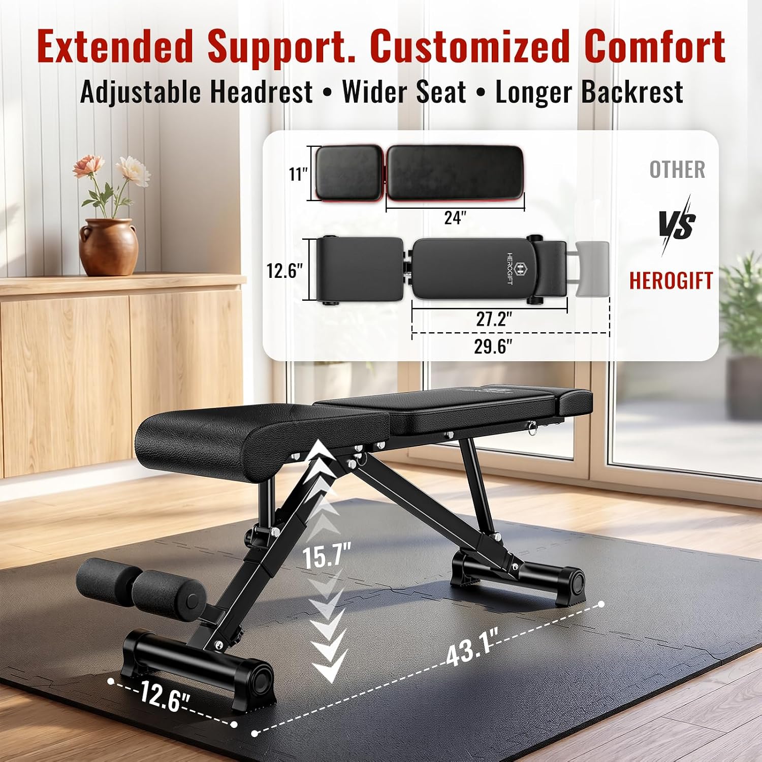 HEROGIFT Adjustable Weight Bench, 600 LB Capacity with Headrest