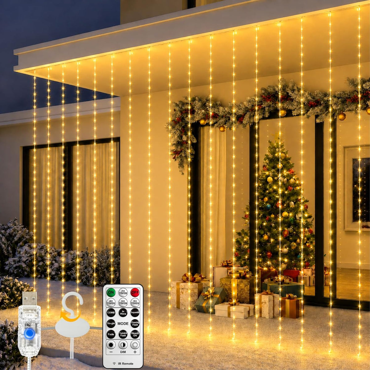 HXWEIYE 300LED Fairy Curtain Lights, 9.8x9.8Ft USB, Remote, Tangle-Free