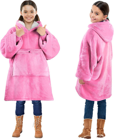 Solaris Oversized Wearable Blanket Hoodie for Kids, Warm Soft Kids Gift, Super Cozy Sherpa Fleece Hoodie Sweatshirt Pullover for Teens, Girls, Boys, Hot Pink
