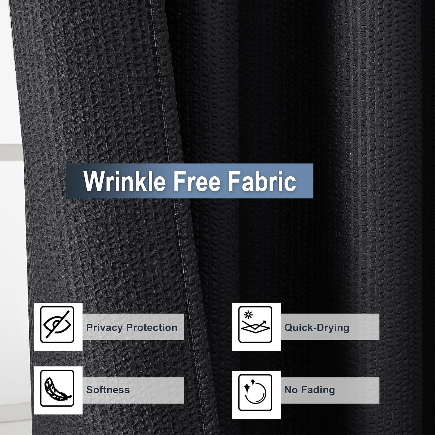 OWENIE Black Shower Curtain for Bathroom 78 Inches Long, 3D Embossed Textured Fabric Farmhouse Shower Curtain Soft Cloth, Water Repellent, Machine Washable, Hotel Style, 72" W x 78" L, Black