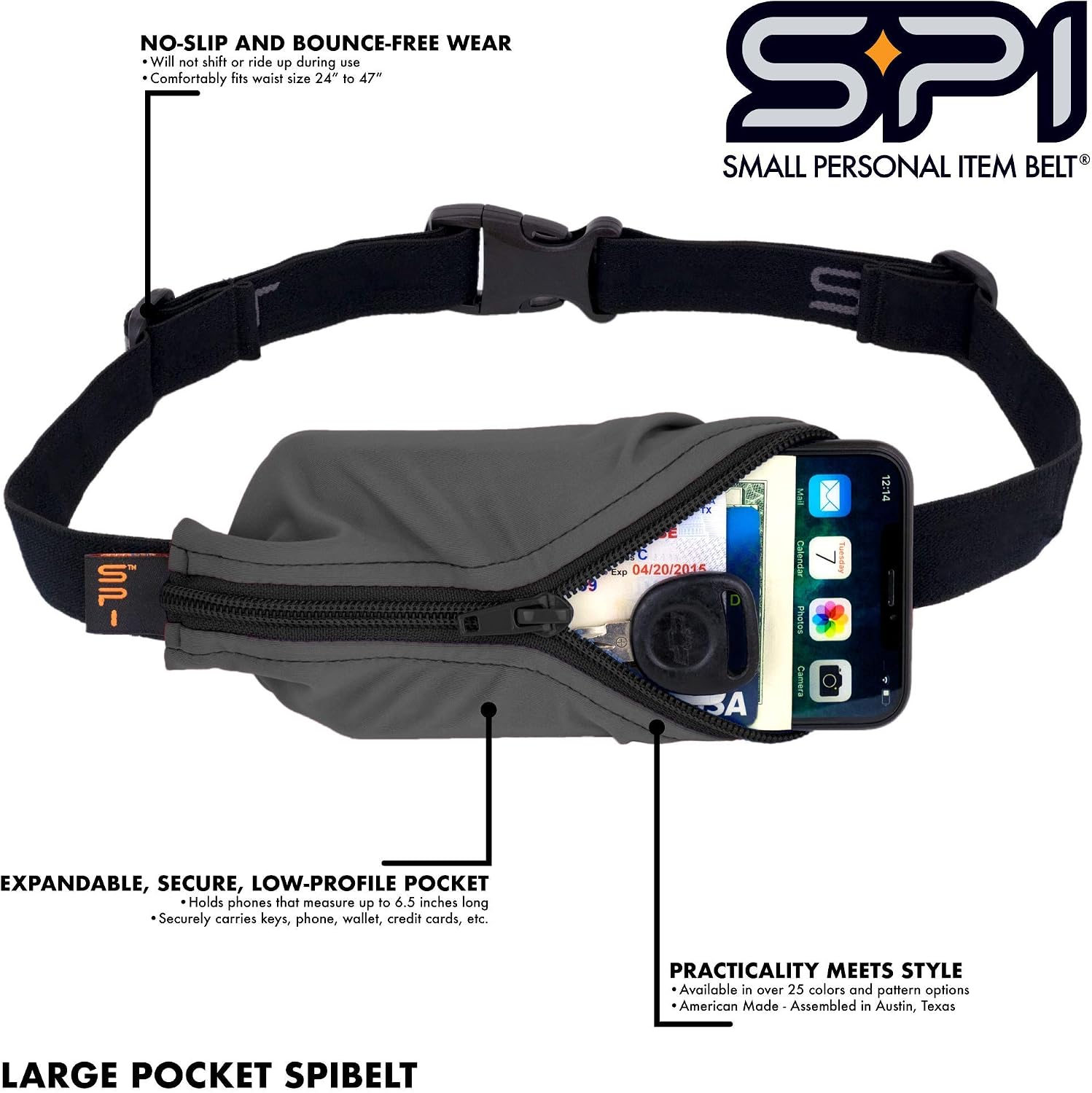 SPIbelt Running Belt Original for Women Men, Phone Holder for Running, Running Fanny Pack, Holder for Phone, Running Waist Pack, Adjustable Waist, [Fits All Phones]. Black with Black Zipper
