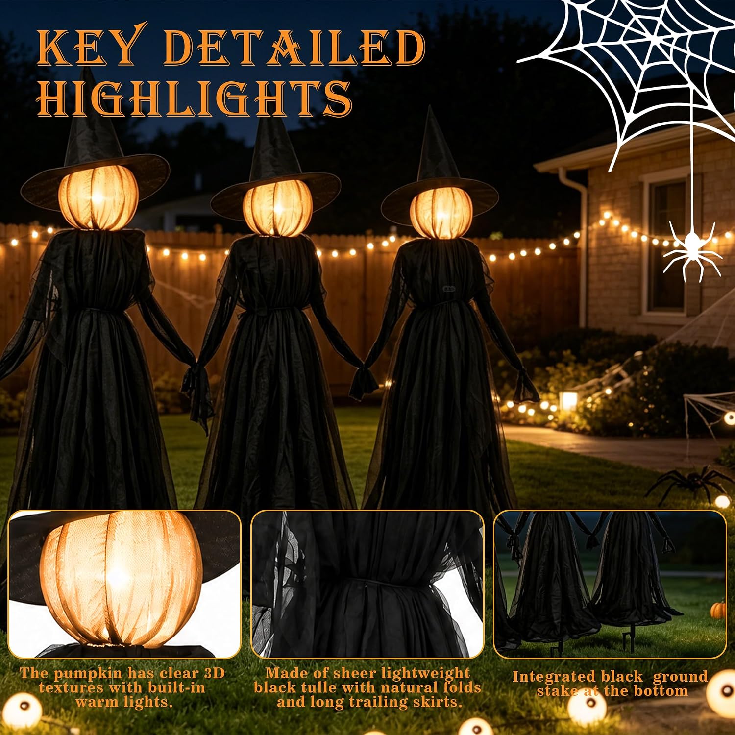 NEROSUN Halloween Witches Decorations Outdoor, 5 FT Set of 3 Light Up Holding Hands Witches with Stakes and Timer Function, Glowing Face Witch Decorations for Yard Garden Lawn Haunted House