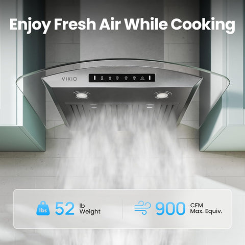 VIKIO HOME 30 Inch Wall Mount Range Hood 900 CFM Tempered Glass, Smart Gesture Touch Control, Ducted, 3-Speed