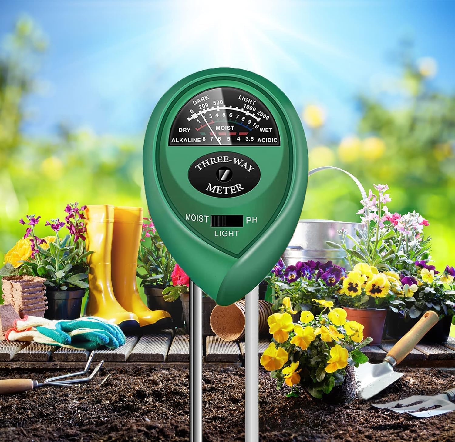 Soil Moisture Meter, Soil PH/Light Tester Plant Soil Test Kit Indoor Outdoor Use, Hygrometer Moisture Sensor Water Meter for Potted Plants Trees Lawn Farm Garden, No Battery Needed (Light Green)