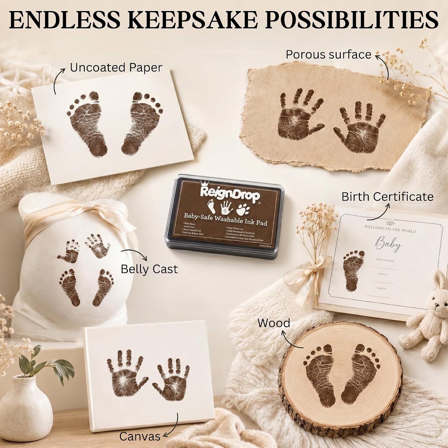 ReignDrop Baby Ink Pad for Hand and Footprints, Non-Toxic Acid-Free Keepsake Kit, Smudge-Proof Archival Ink Wipes Off Skin, for Scrapbook, Photo Album, Frames & Pet Paws, Baby Gift (Brown)